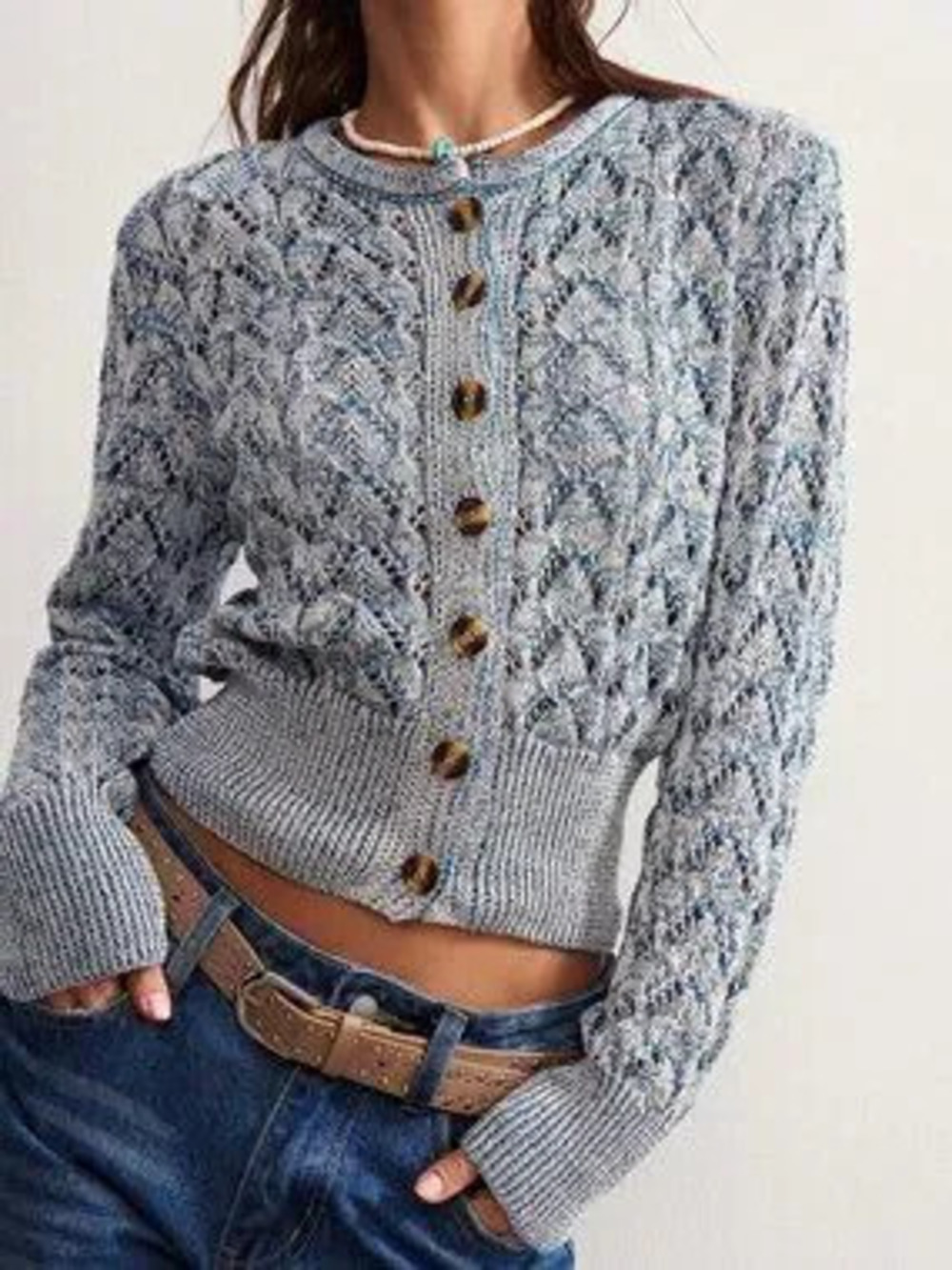 Blue And White Casual Women's Heavyweight Hollow Knit Round Neck Cardigan